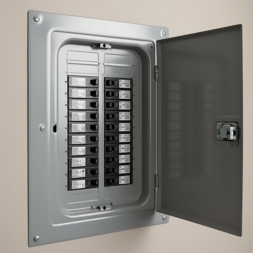 Residential electrical panel breaker box with open door showing circuit breakers
