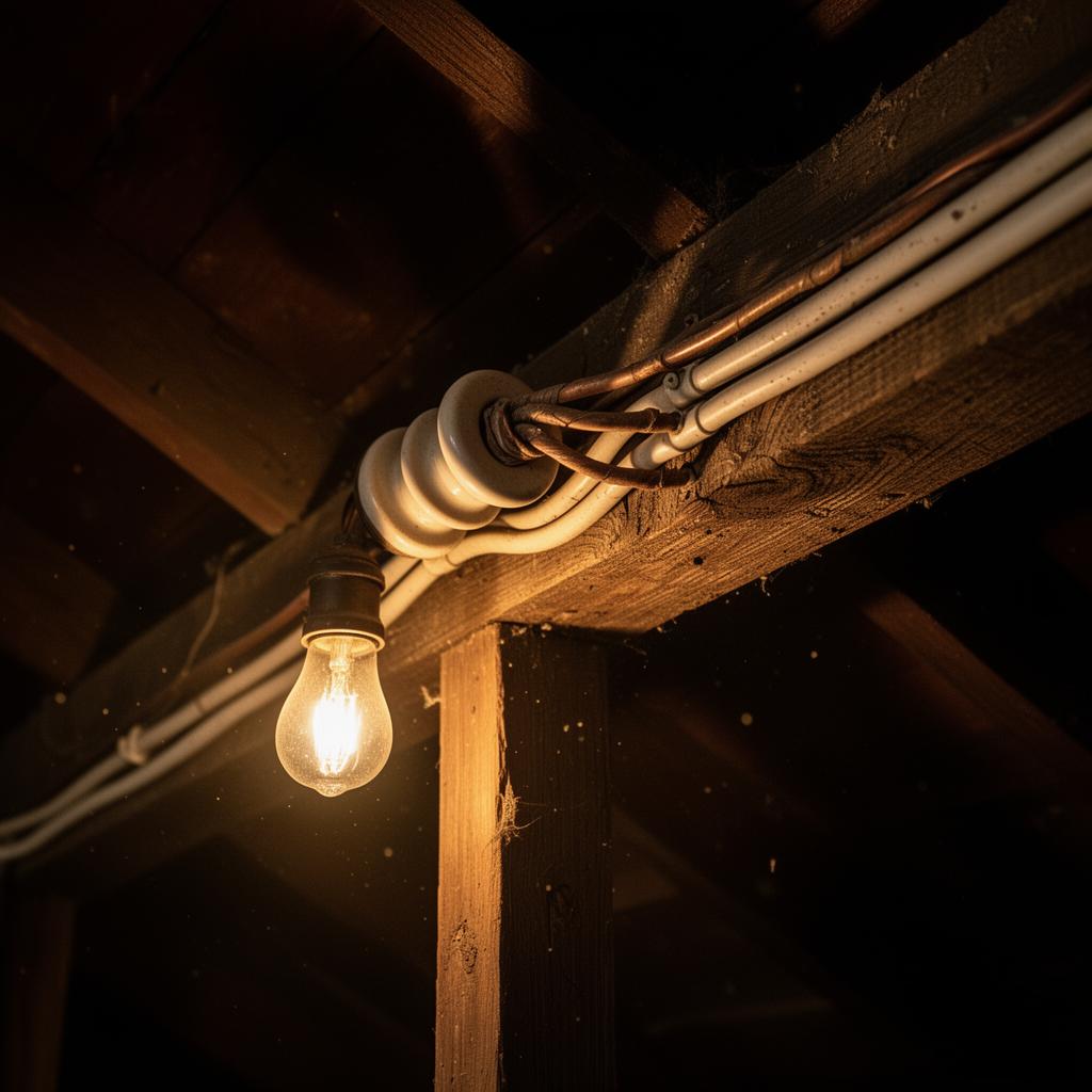 Antique ceramic knob-and-tube electrical insulators on 1920s wood framing in a dark attic
