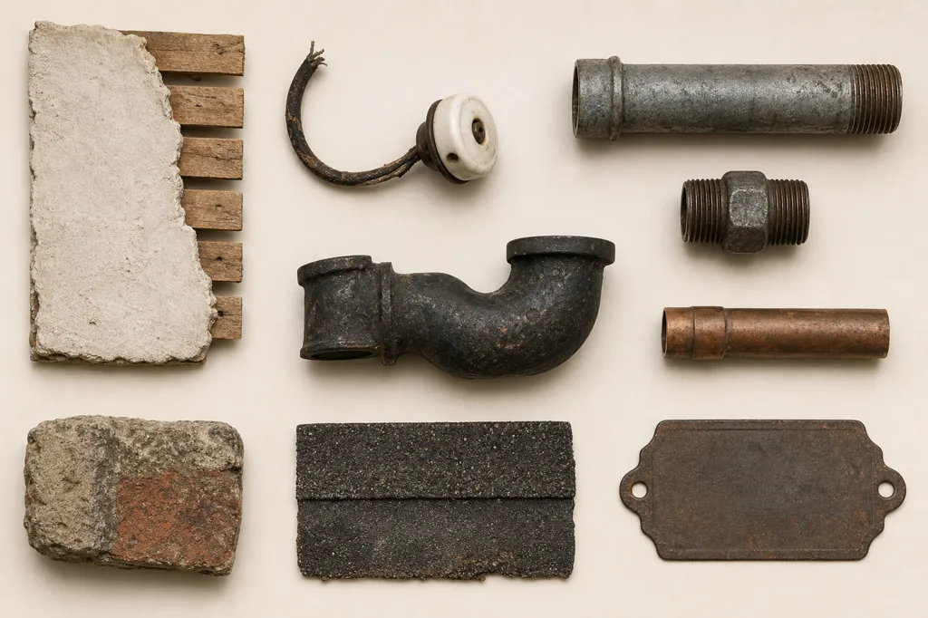 Overhead catalogue photograph of nine salvaged building materials arranged in a grid on a pale background: a plaster-and-lath panel, cloth-covered wiring on a porcelain knob, galvanized steel pipe and coupling, a cast iron drain bend, copper tubing, a weathered masonry unit, folded asphalt roofing, and a blank rusted equipment data plate.