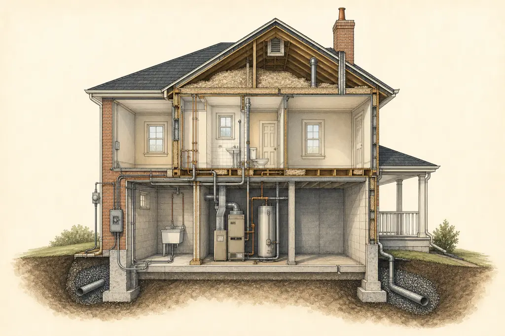 Illustrated cutaway drawing of a two-storey house showing the basement with furnace, water heater and drain piping, service entry and electrical panel, plumbing risers to an upstairs bathroom, insulated attic, chimney, porch, and buried drainage lines beside the foundation.