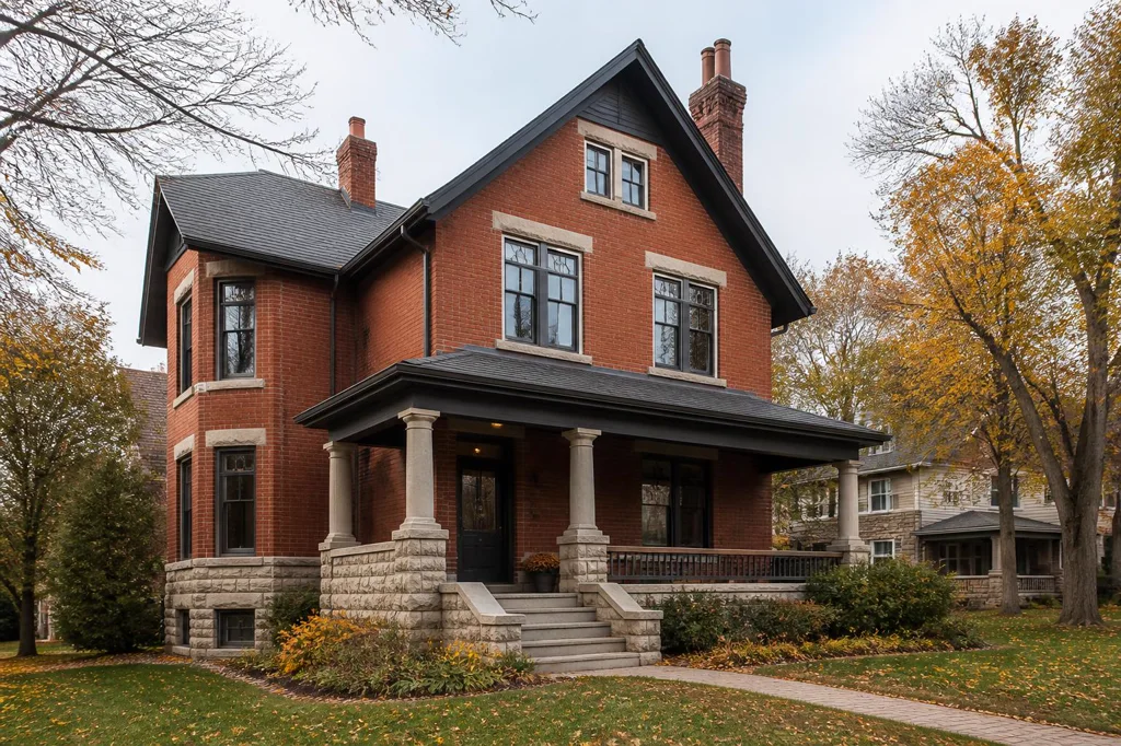 Early twentieth-century Canadian red-brick heritage house with a broad porch and mature trees